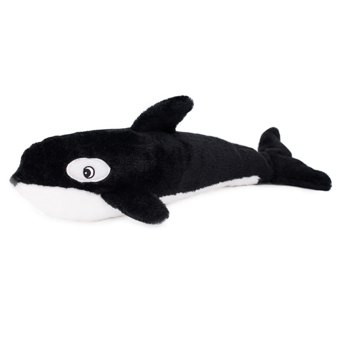 ZippyPaws Jigglerz Killer Whale front view with embroidered details for playful charm and durability