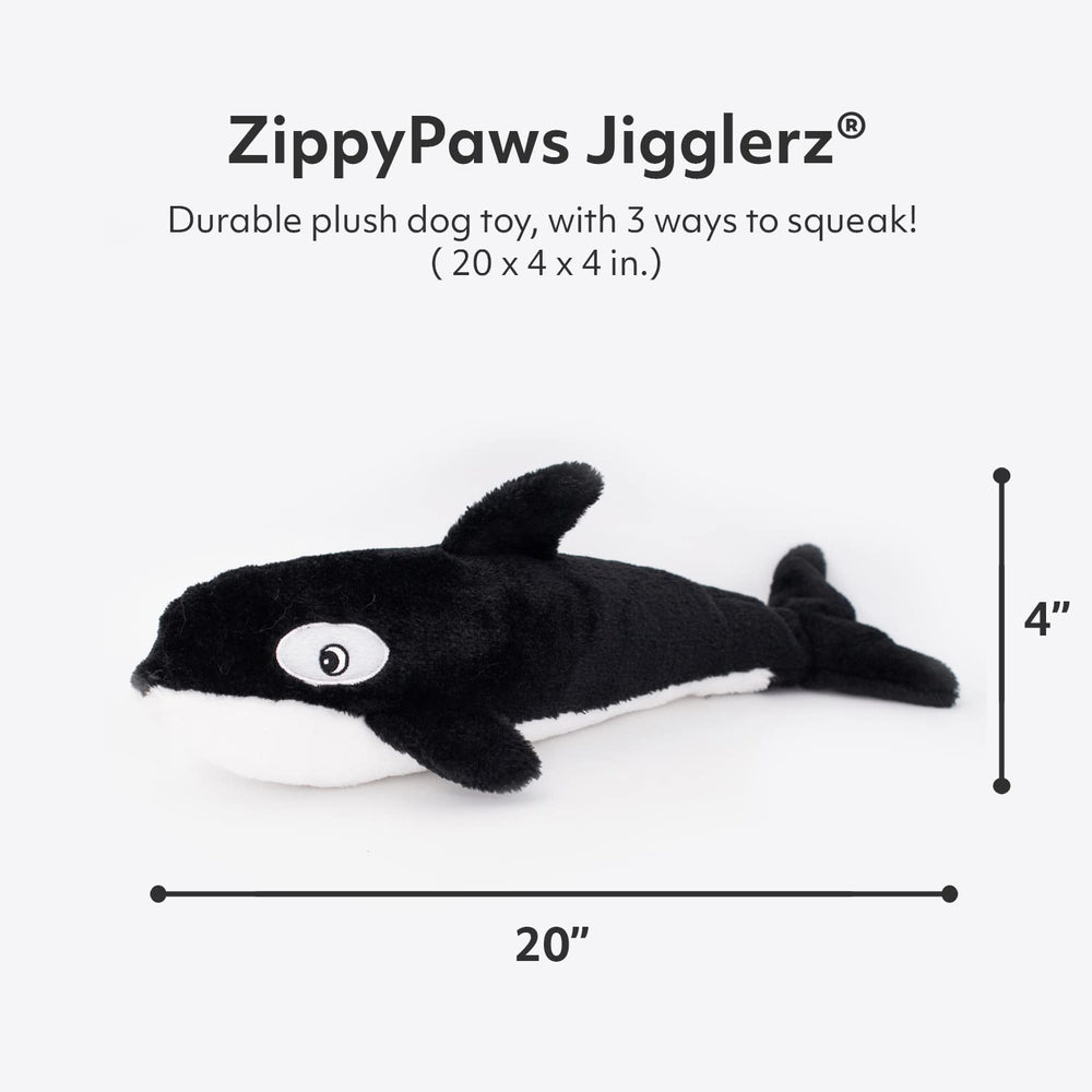 ZippyPaws Jigglerz Killer Whale squeaker closeup highlighting jiggle action for interactive play