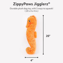 ZippyPaws Jigglerz Seahorse squeaker view highlights jiggle sound that keeps dogs engaged.