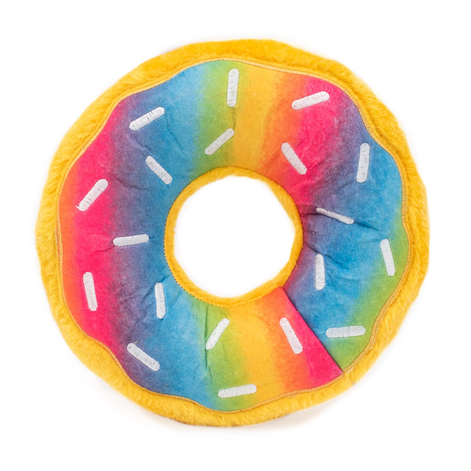 ZippyPaws Jumbo Donutz rainbow donut toy for durable playtime and squeaky fun.