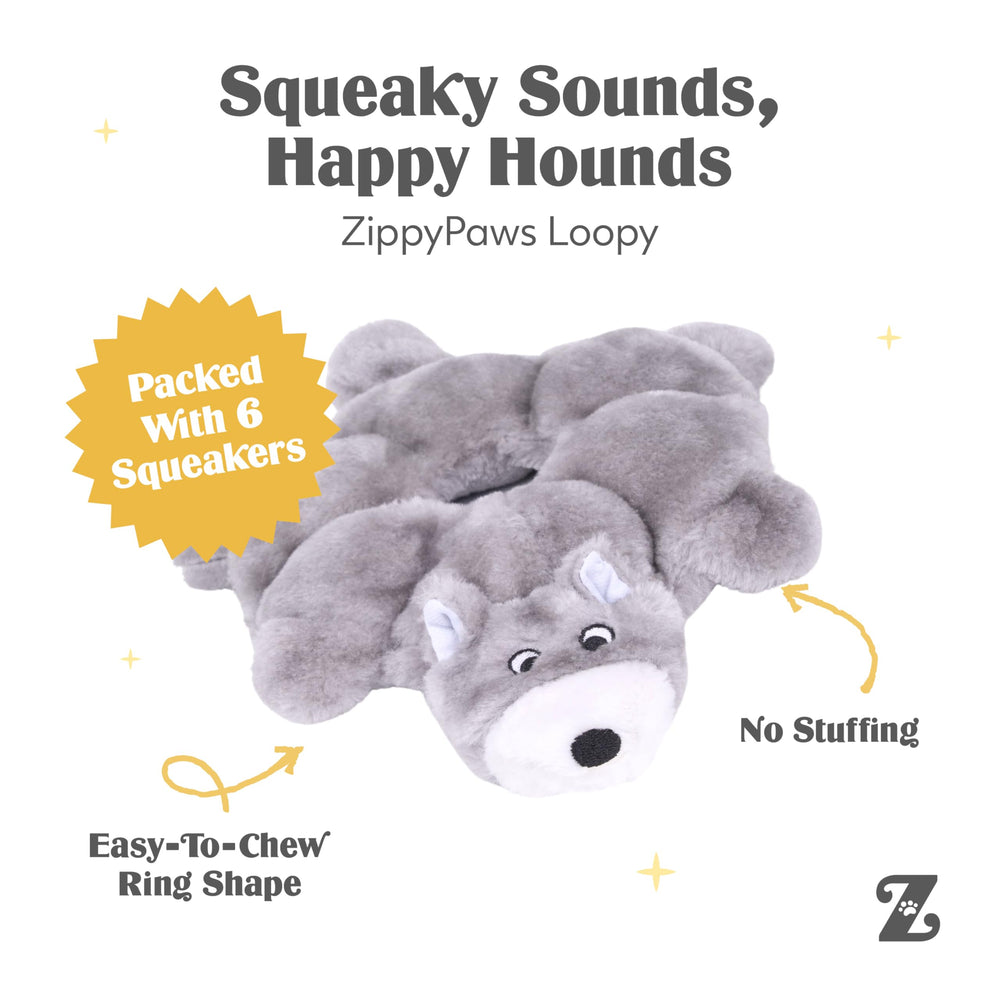 ZippyPaws Loopy Wolf toy ready for tug and fetch across small to large dogs.