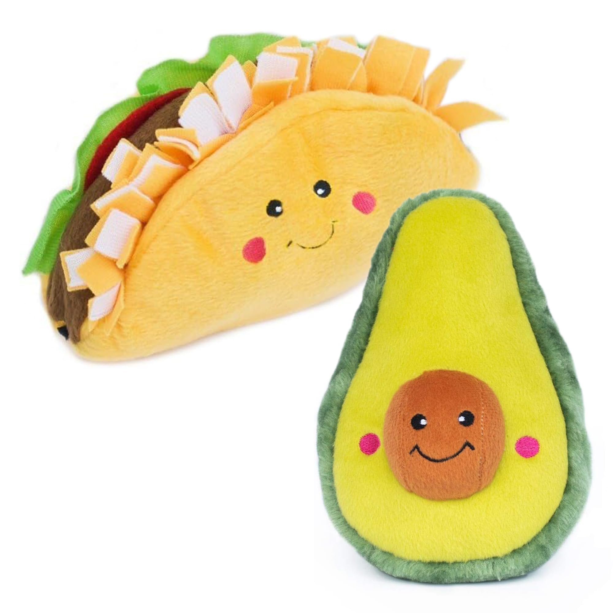ZippyPaws NomNomz Taco & Avocado toy with squeaker for interactive play and cuddly moments.
