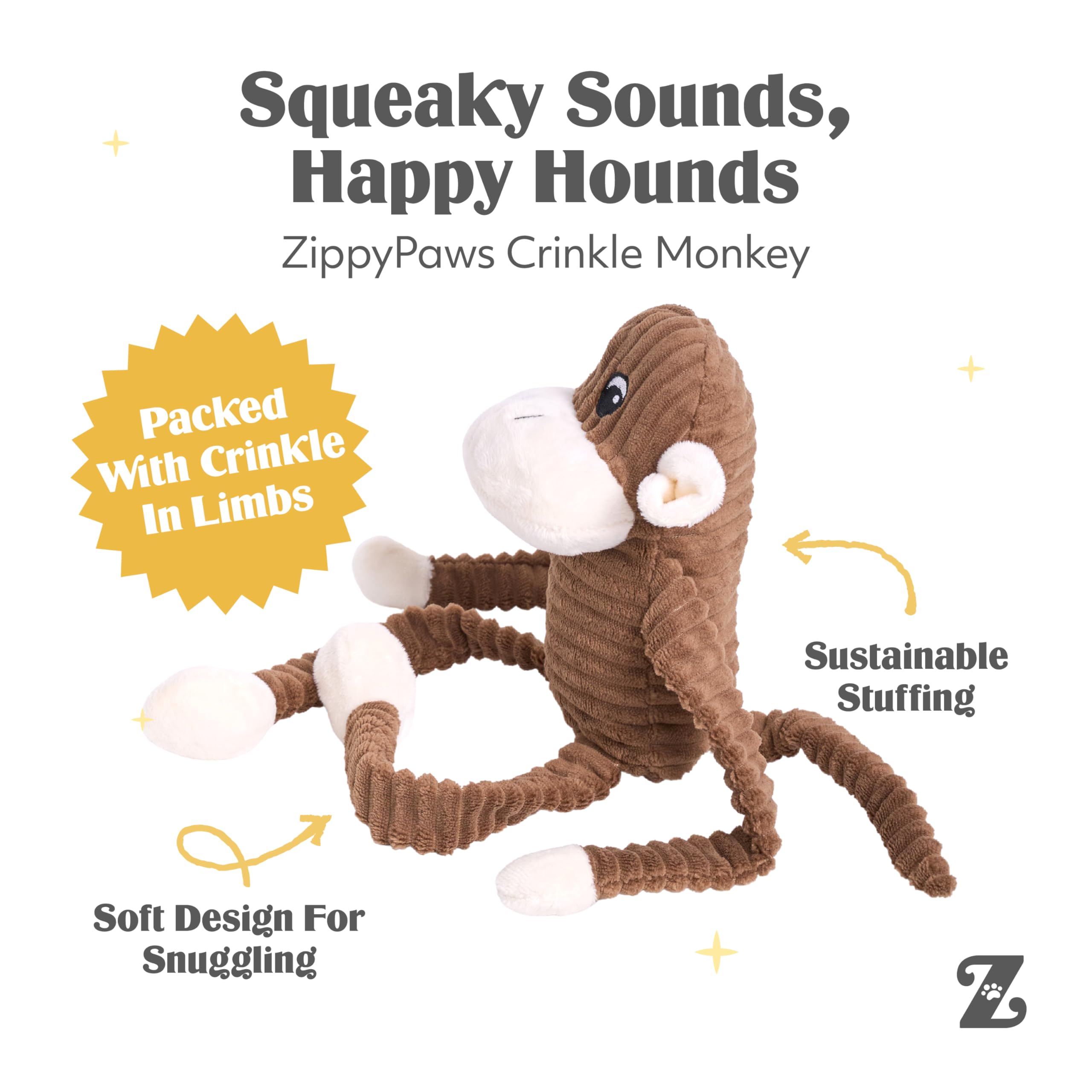 ZippyPaws Spencer crinkle legs enable active play and playful movement.