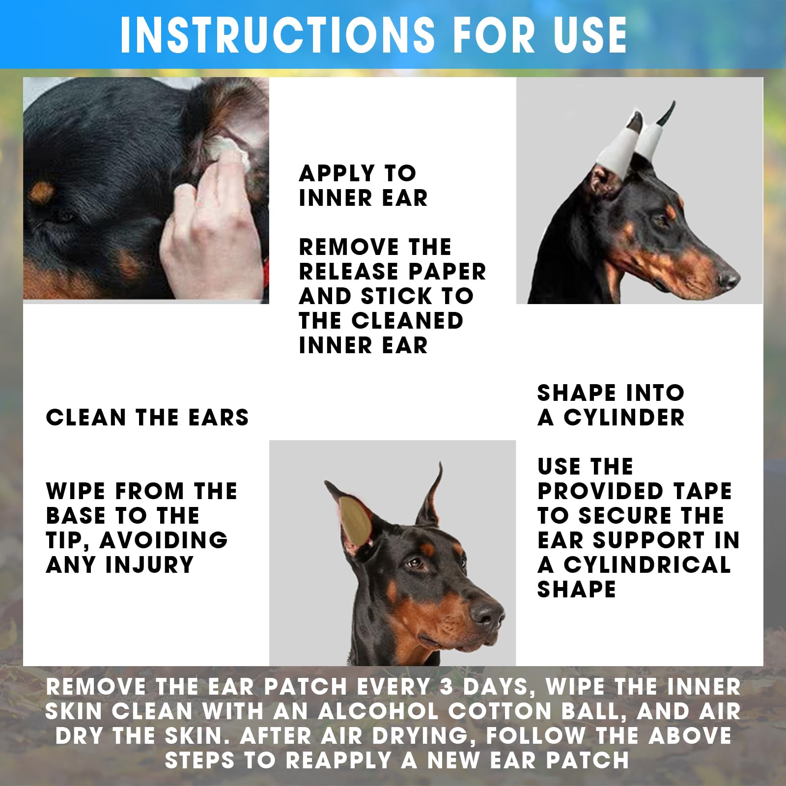 Ziyue doberman ear-posting kit usage-timeline illustrates multi-cycle care guidance