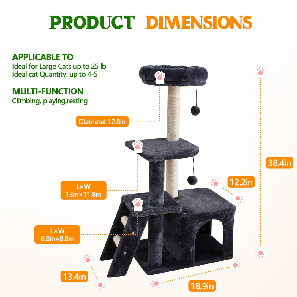 ZLAFM 38.4'' cat tree side profile shows stacked levels for climbing and lounging