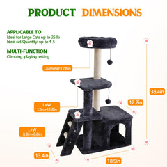 ZLAFM 38.4'' cat tree side profile shows stacked levels for climbing and lounging