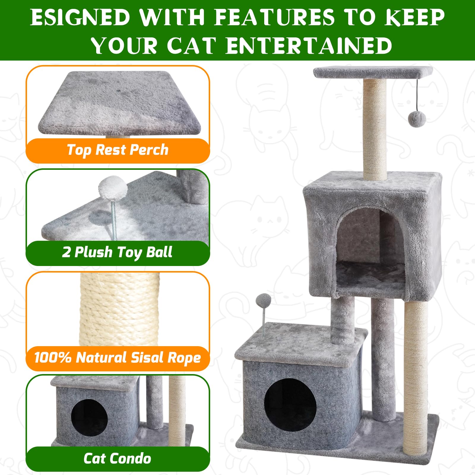 ZLAFM 437-inch cat tree pom-pom balls encourage playful chasing and engagement.