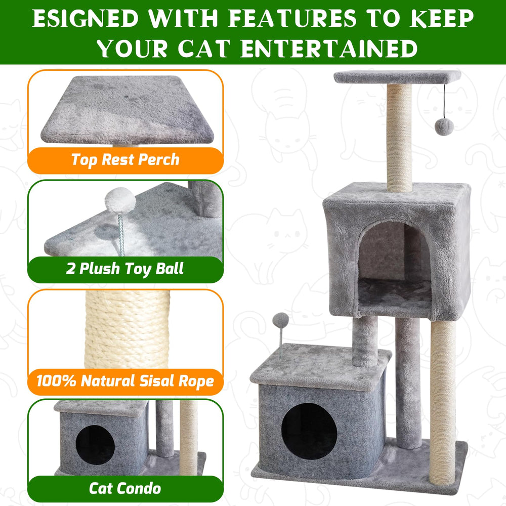 ZLAFM 437-inch cat tree pom-pom balls encourage playful chasing and engagement.
