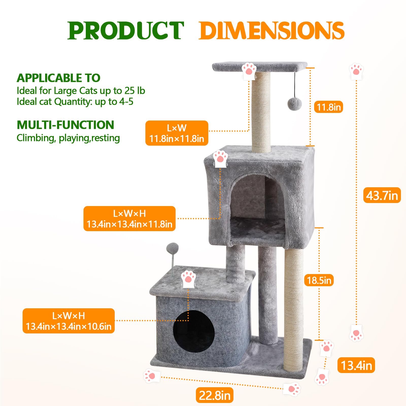 ZLAFM 437-inch cat tree sturdy base keeps multi-cat play safe and stable.