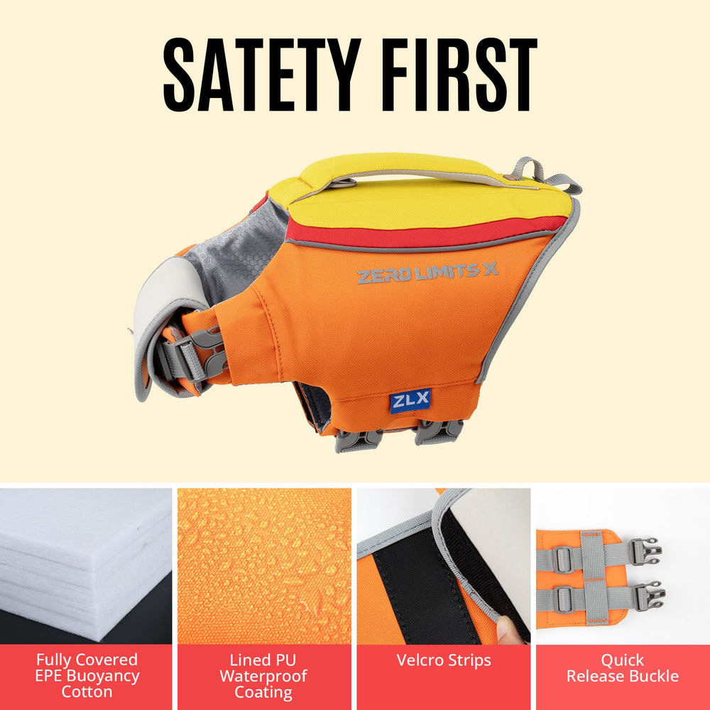 ZLX high-visibility orange life jacket keeps dogs easily seen.