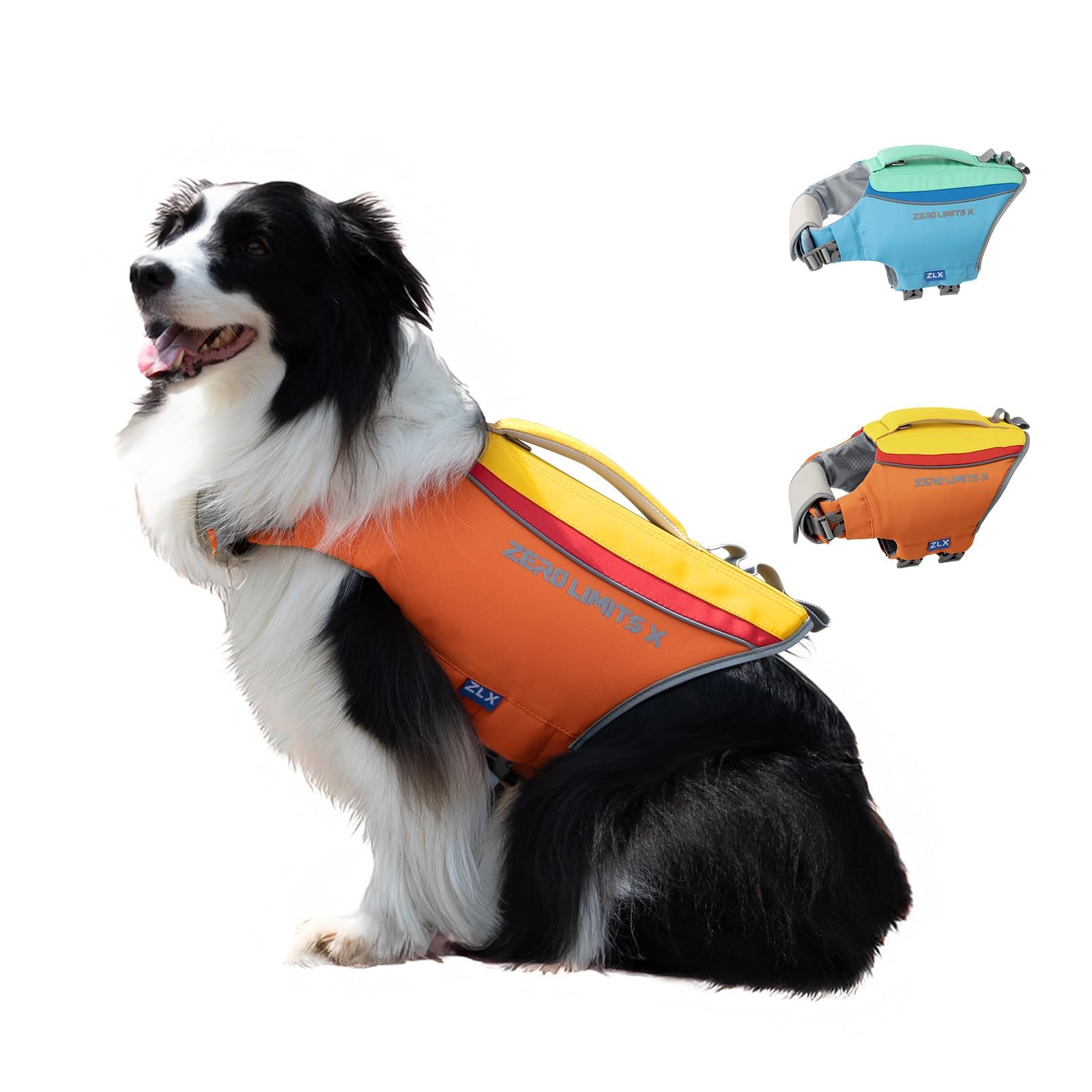 ZLX dog life jacket on a dog swimming, buoyant support for safe water play.