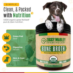 ZMA Pets Ziggy Marley powder being mixed—rehydrates into flavorful pet broth