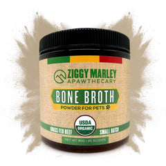 ZMA Pets Ziggy Marley bone broth bottle—organic beef for joint support and mobility