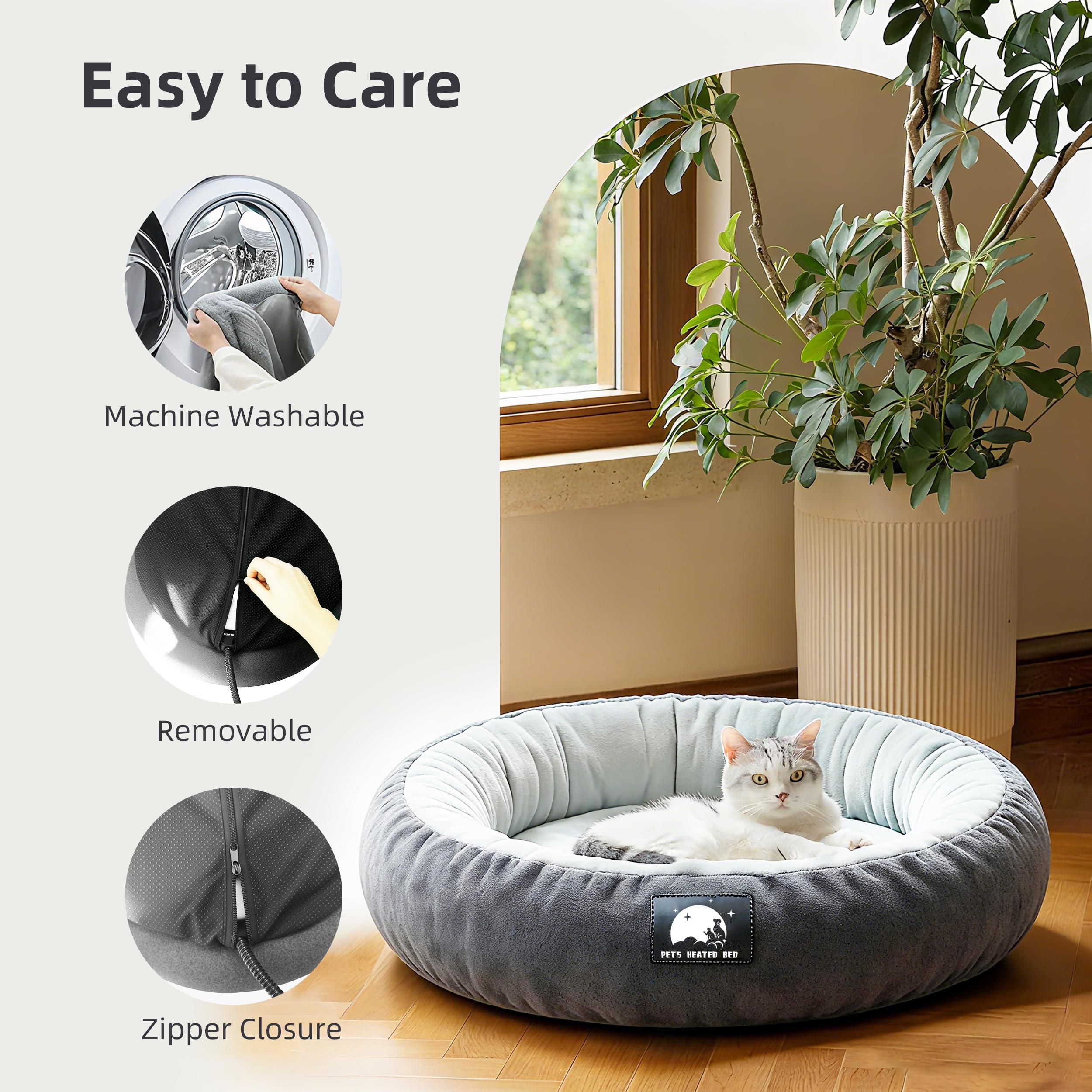 ZNOFAN heated cat bed inside plush lining offers cozy napping space.