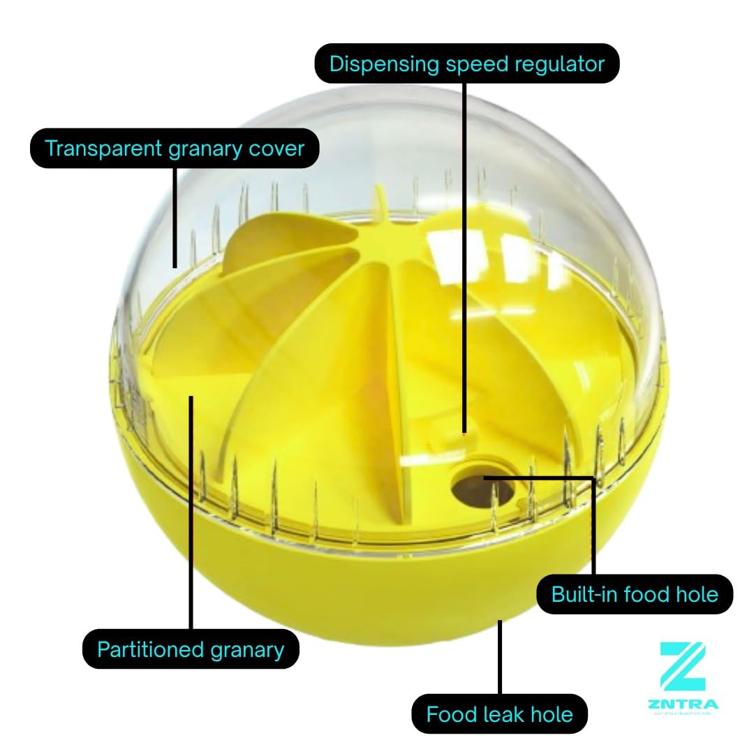 Zntra slow-feeder puzzle ball during mealtime demonstrates healthier eating and extended play