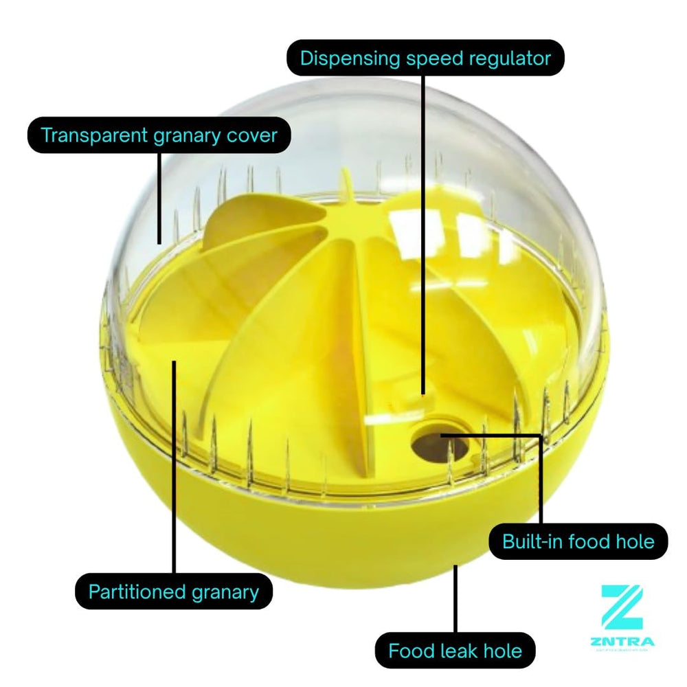 Zntra slow-feeder puzzle ball during mealtime demonstrates healthier eating and extended play