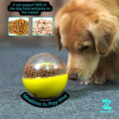 Zntra treat-dispensing ball close-up highlights slow feeding and controlled treat flow