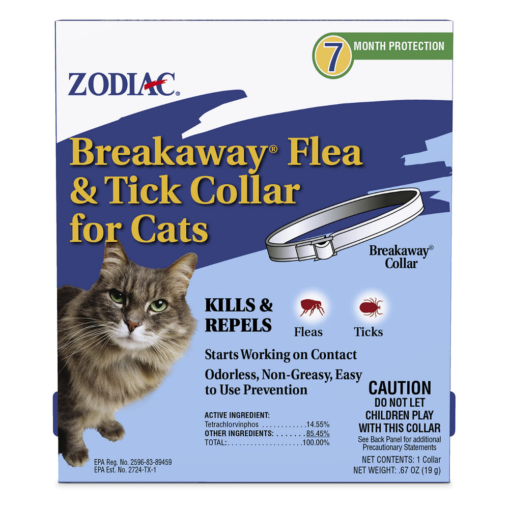Zodiac Breakaway collar cat-neck-closeup protects against fleas and ticks.