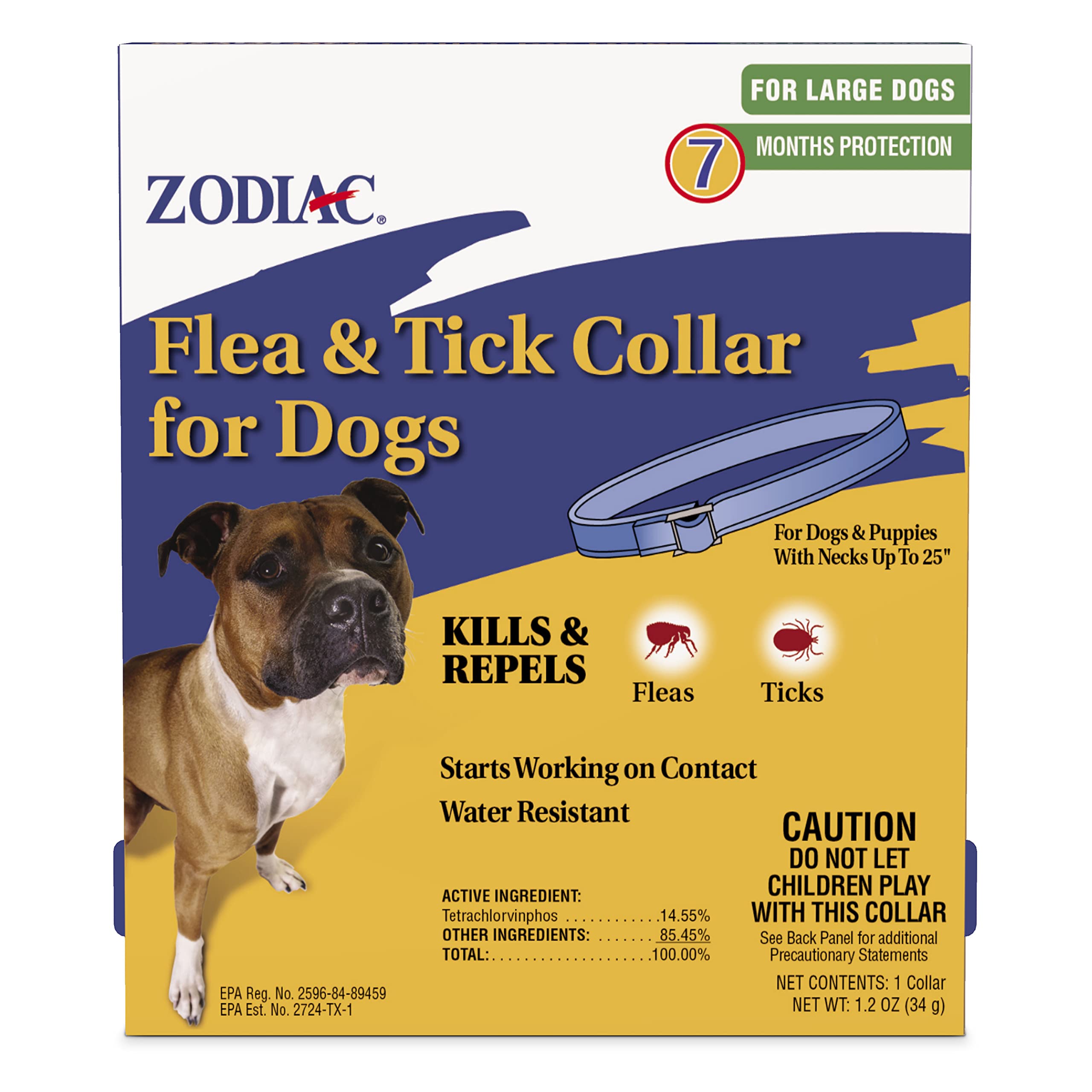 Zodiac flea and tick collar for large dogs packaging shows long-lasting protection