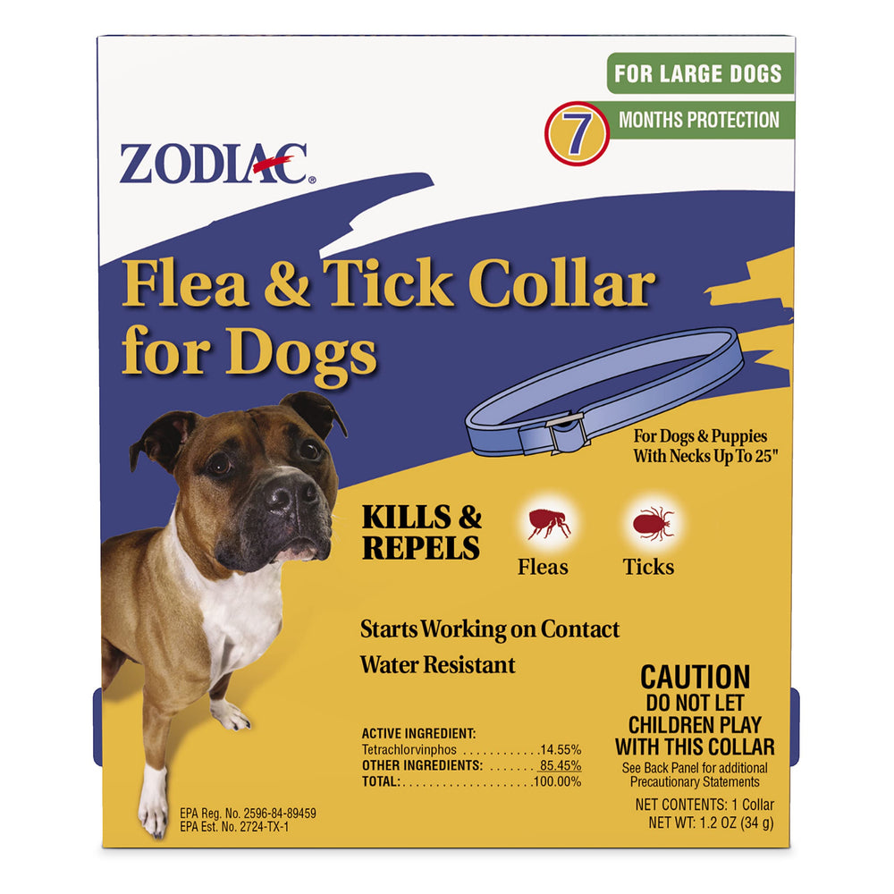 Zodiac flea and tick collar for large dogs packaging shows long-lasting protection