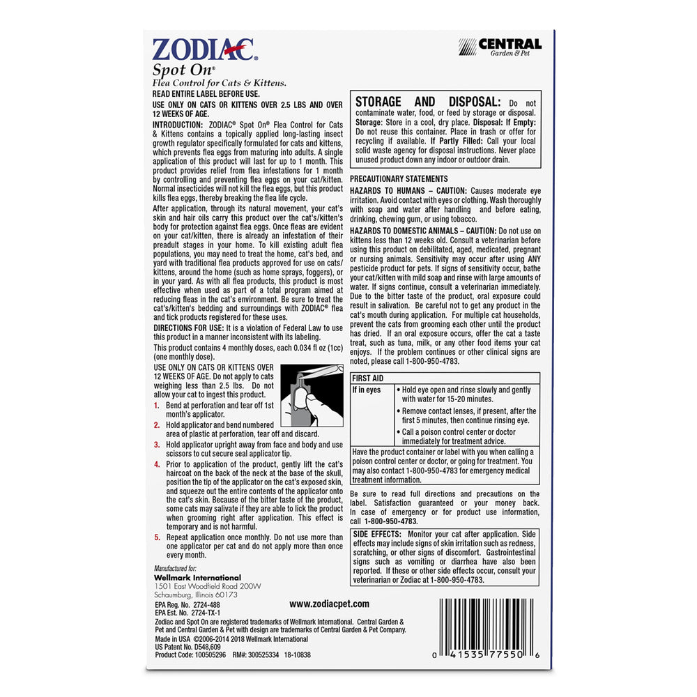 Zodiac Spot On Plus application on cat demonstrates fast-acting fleas control in minutes