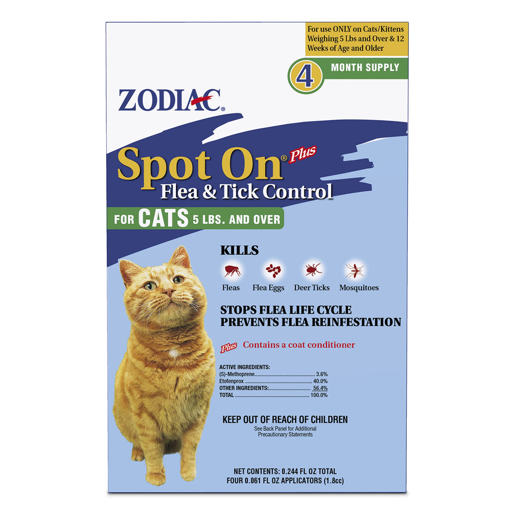 Zodiac Spot On Plus flea-control bottle showing long-lasting protection for cats