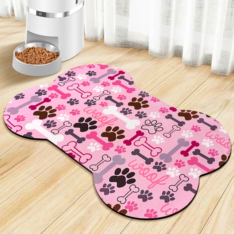 Zoeeya dog food mat waterproof pink bone shape 19x12 protects floors during meals