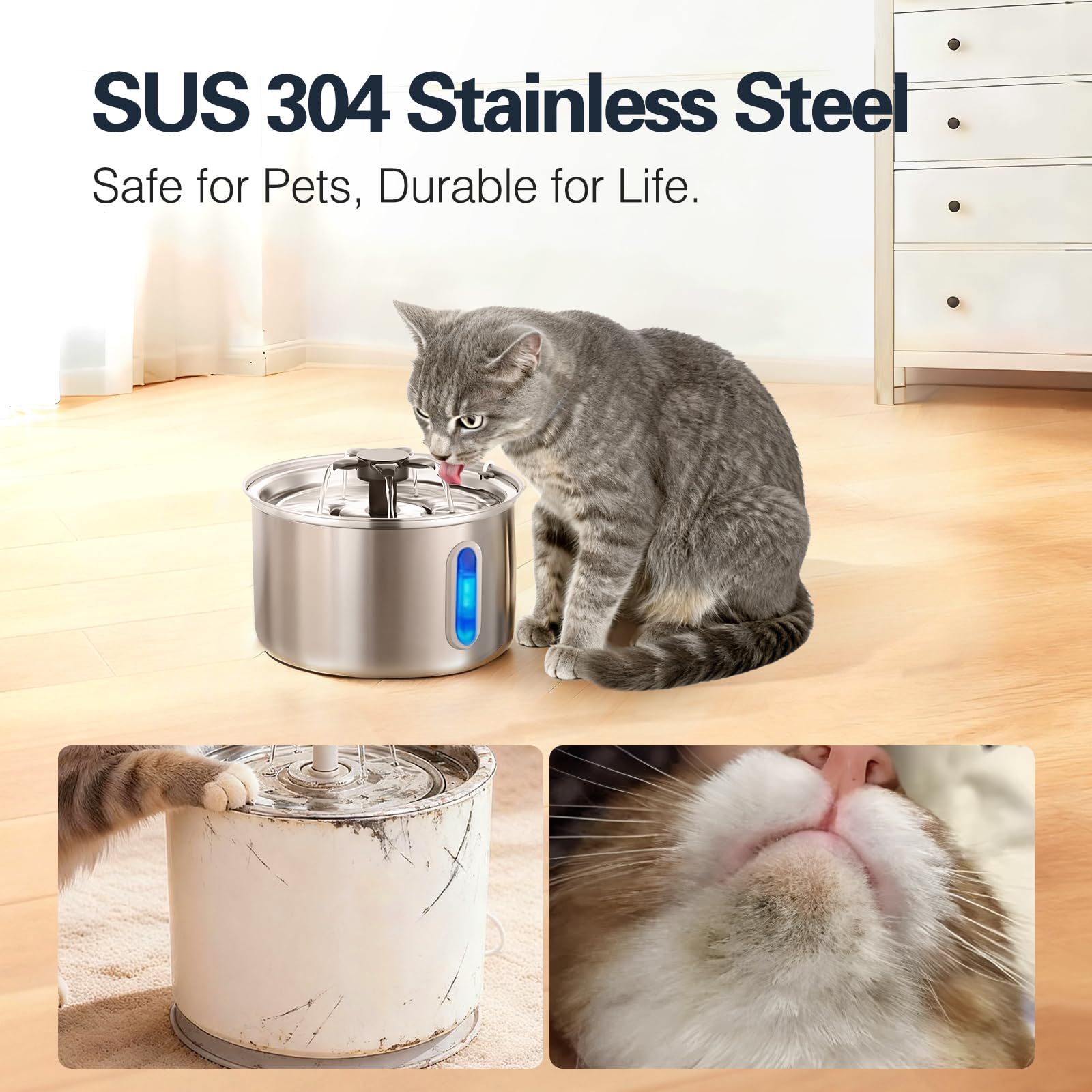 ZOESEEK 3L cat fountain side view emphasizes durable stainless steel and spill resistance.