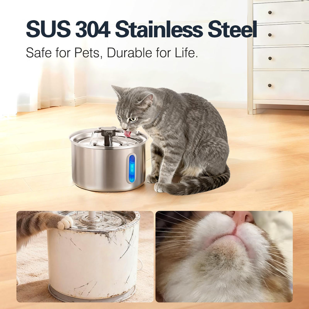 ZOESEEK 3L cat fountain side view emphasizes durable stainless steel and spill resistance.
