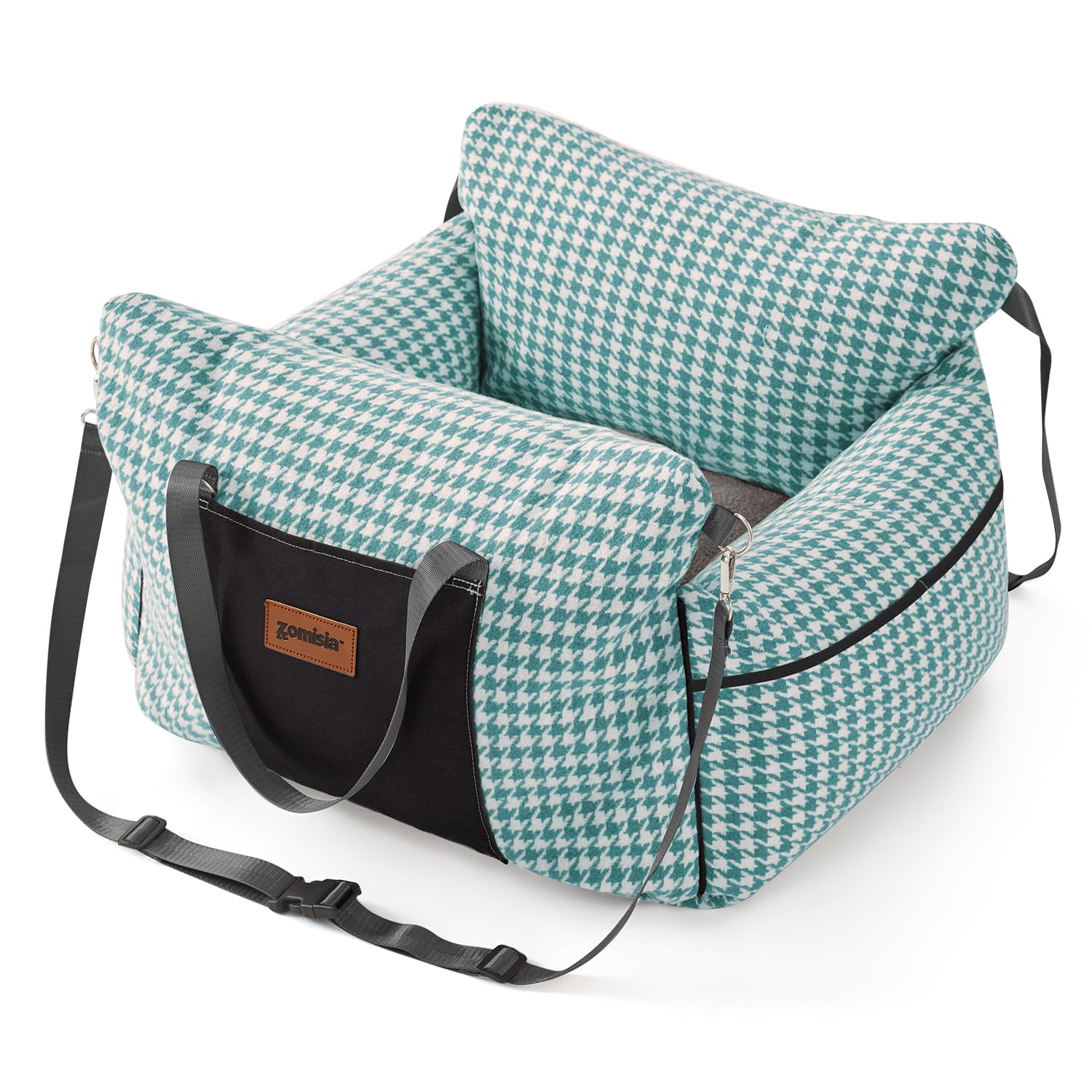 ZOMISIA dog car seat front view in green houndstooth provides secure travel.