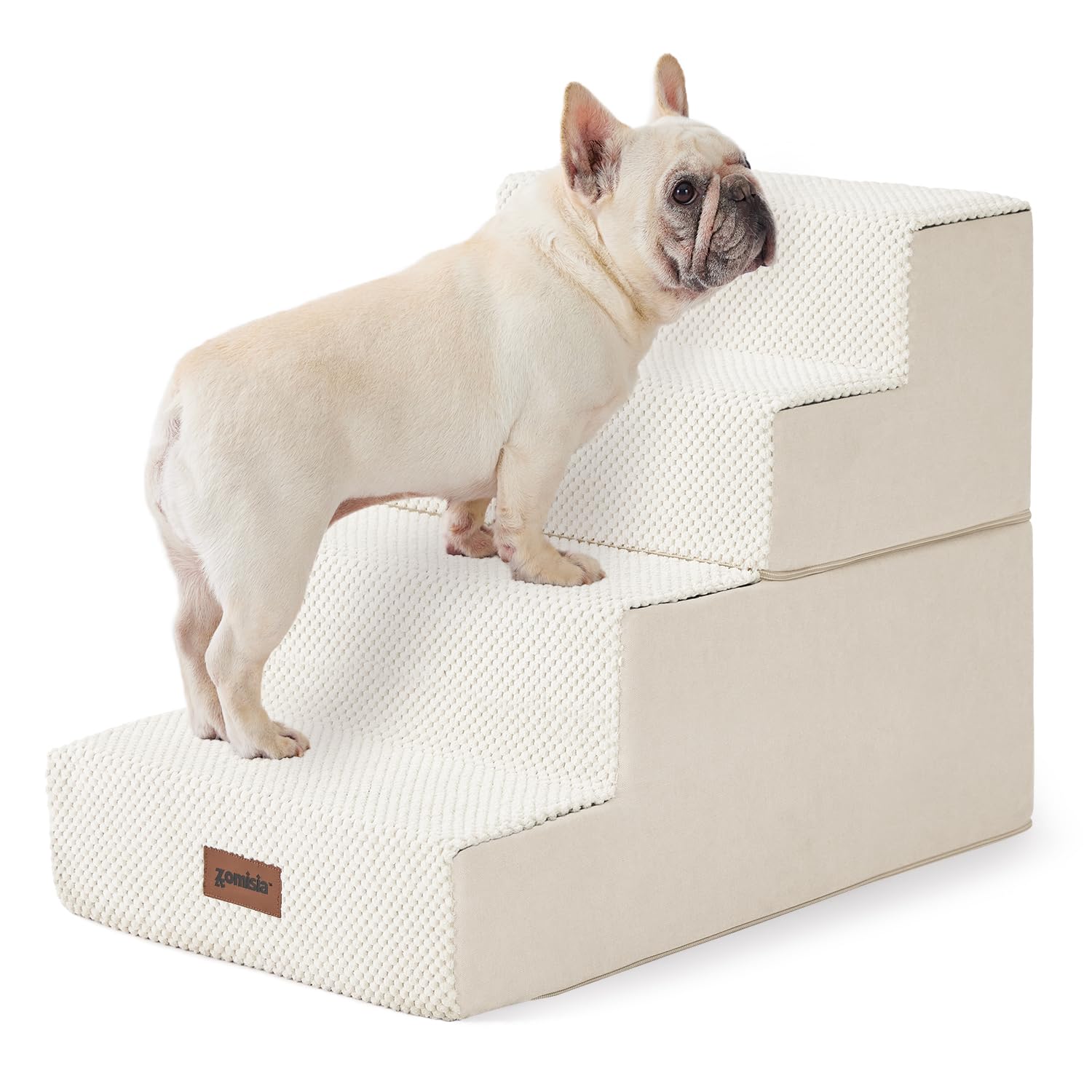 ZOMISIA dog stairs grey 4-steps side view supports small dogs onto the sofa