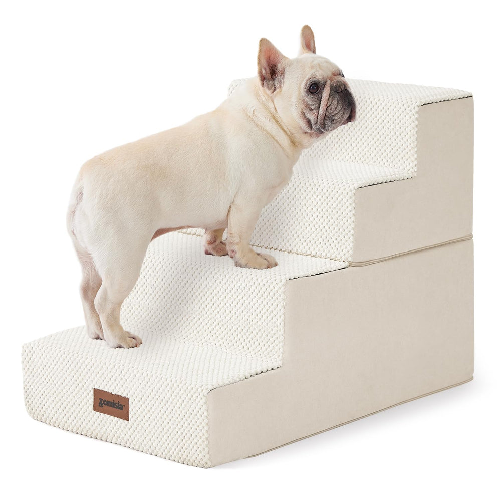 ZOMISIA dog stairs grey 4-steps side view supports small dogs onto the sofa