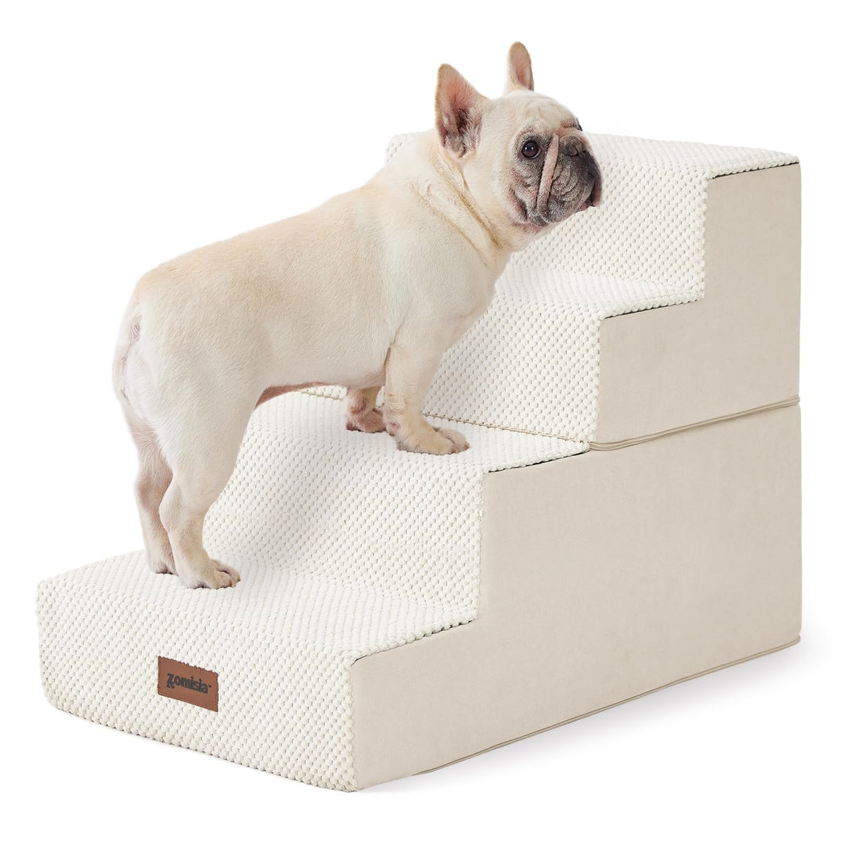 ZOMISIA dog stairs grey 4-steps side view supports small dogs onto the sofa