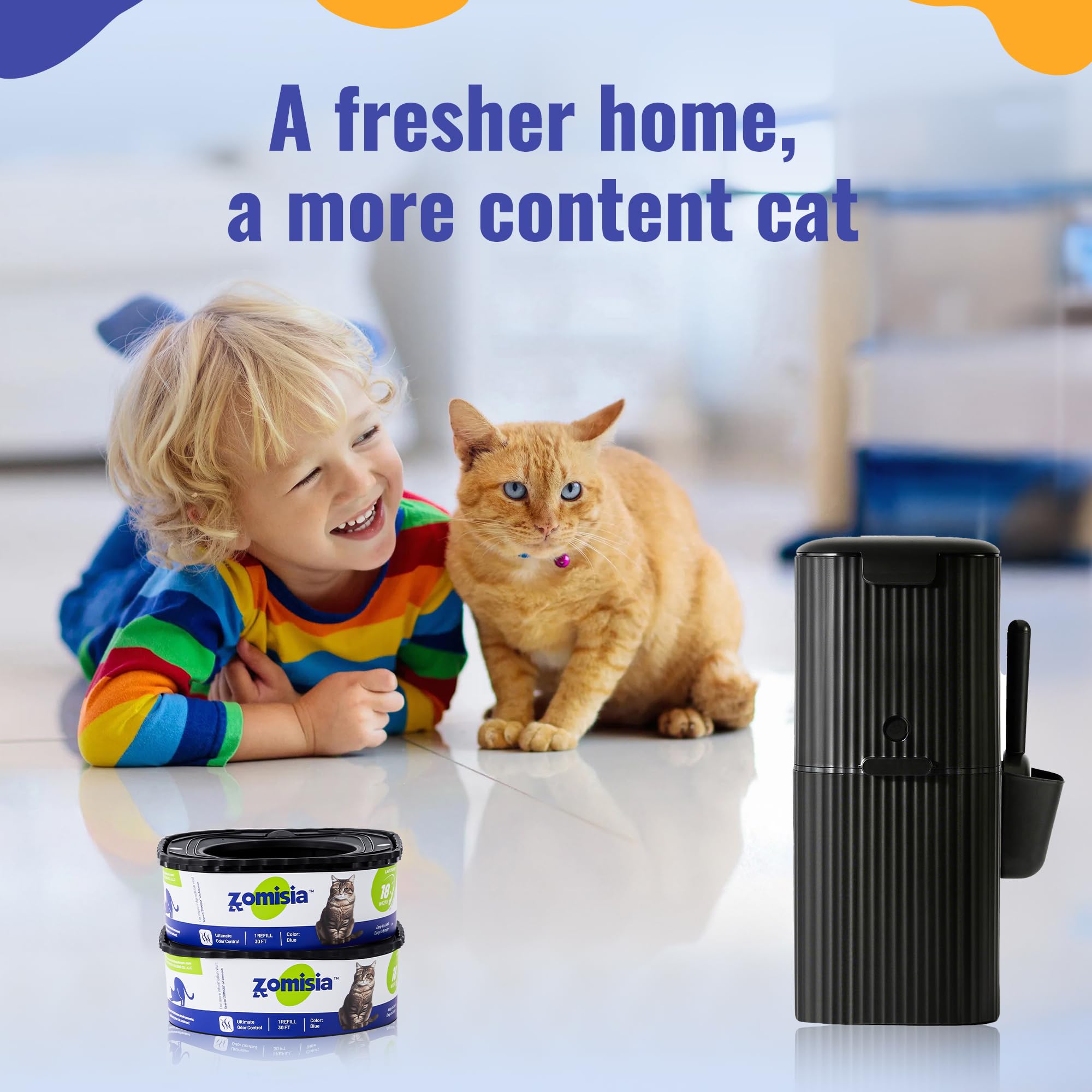 ZOMISIA 36-weeks-per-cat coverage graphic, uses long-lasting litter management