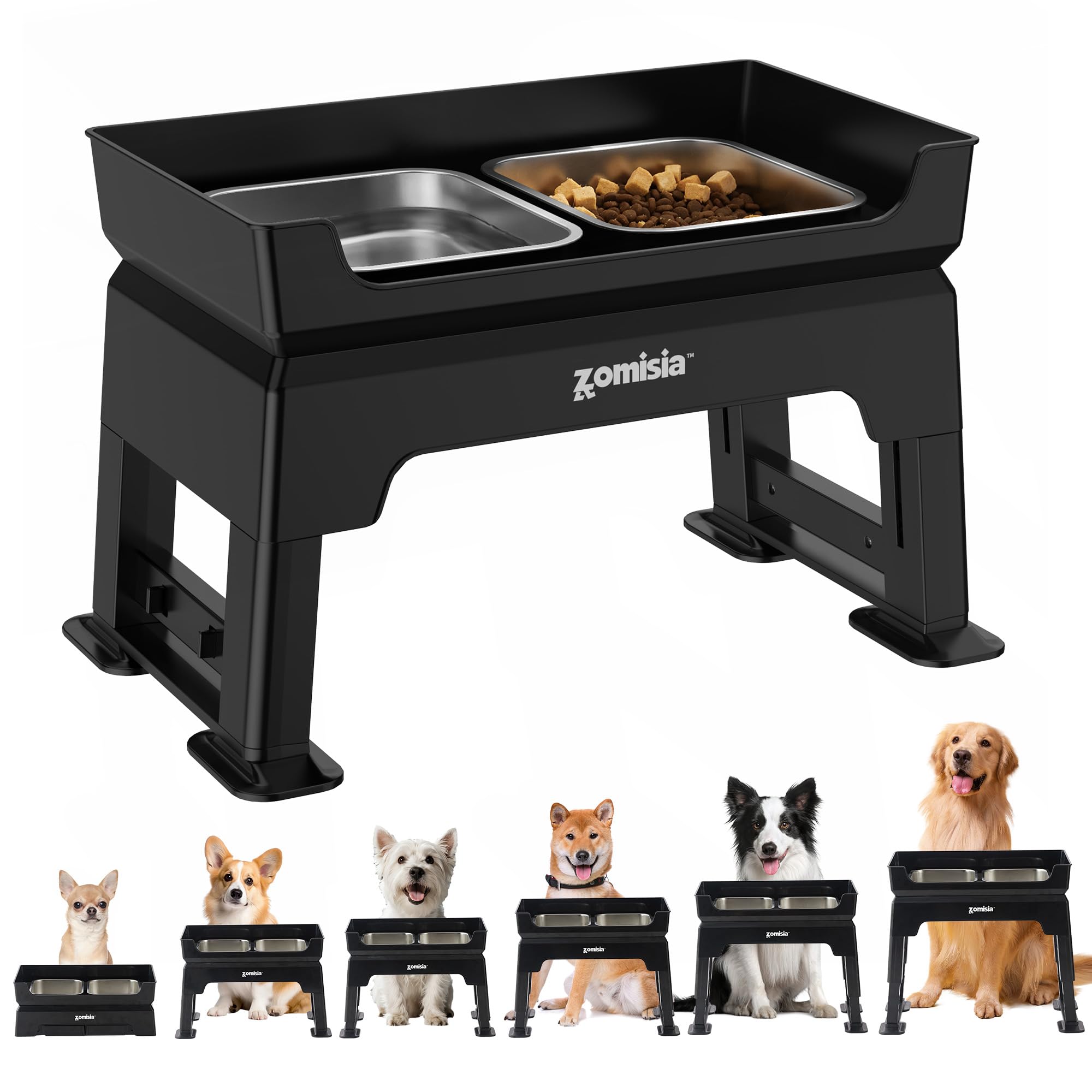 ZOMISIA 3in1 elevated dog bowls on a dual-level stand reduce mess