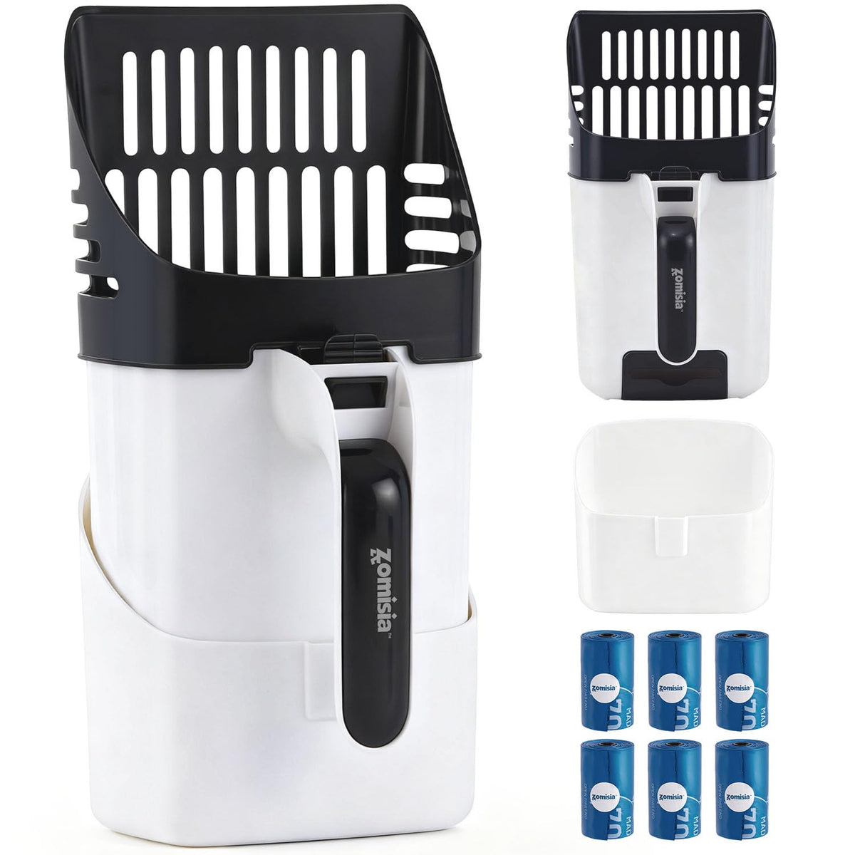 ZOMISIA 3-in-1 litter scoop with holder showcases compact, all-in-one design for easy waste disposal.