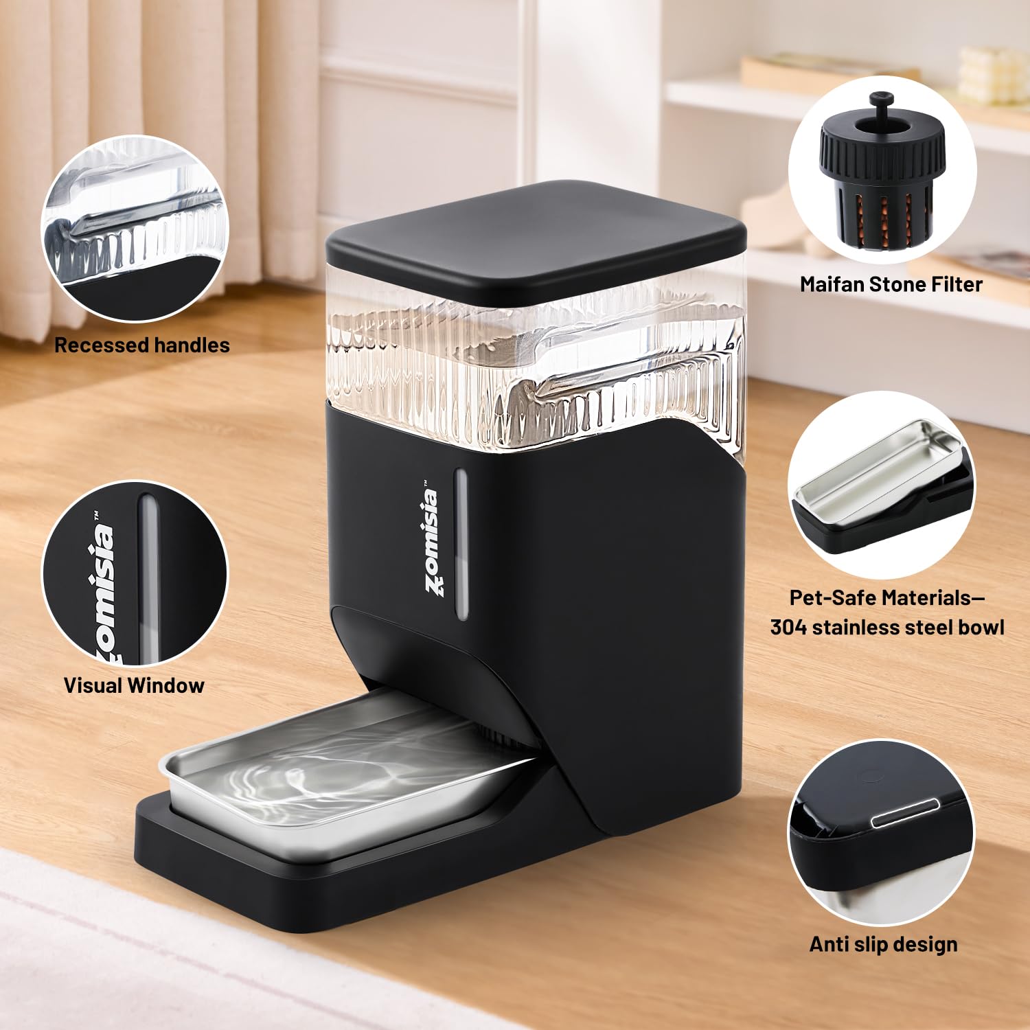 ZOMISIA recessed handles view emphasizes secure placement and spill prevention.