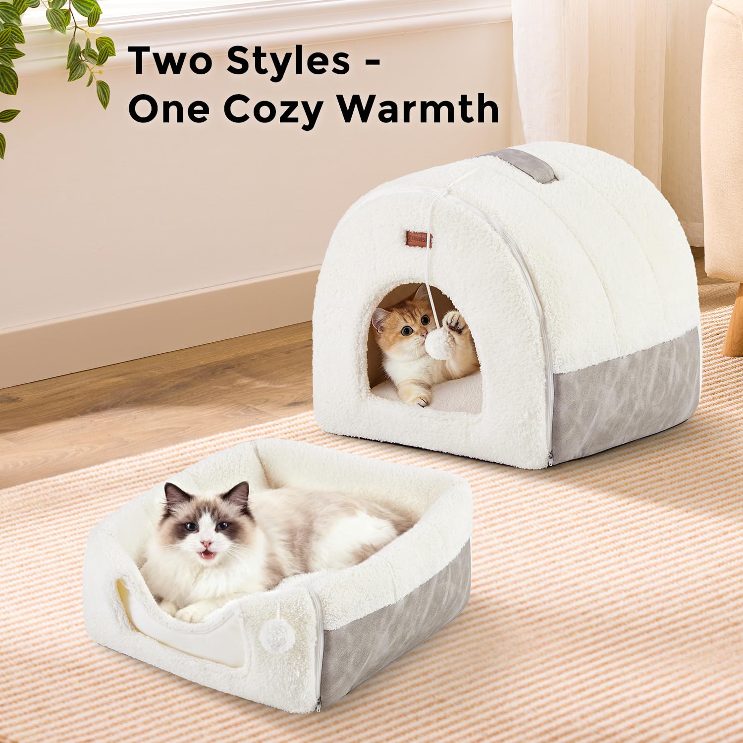 ZOMISIA cat bed cave entrance with toy ball encourages playful enrichment.