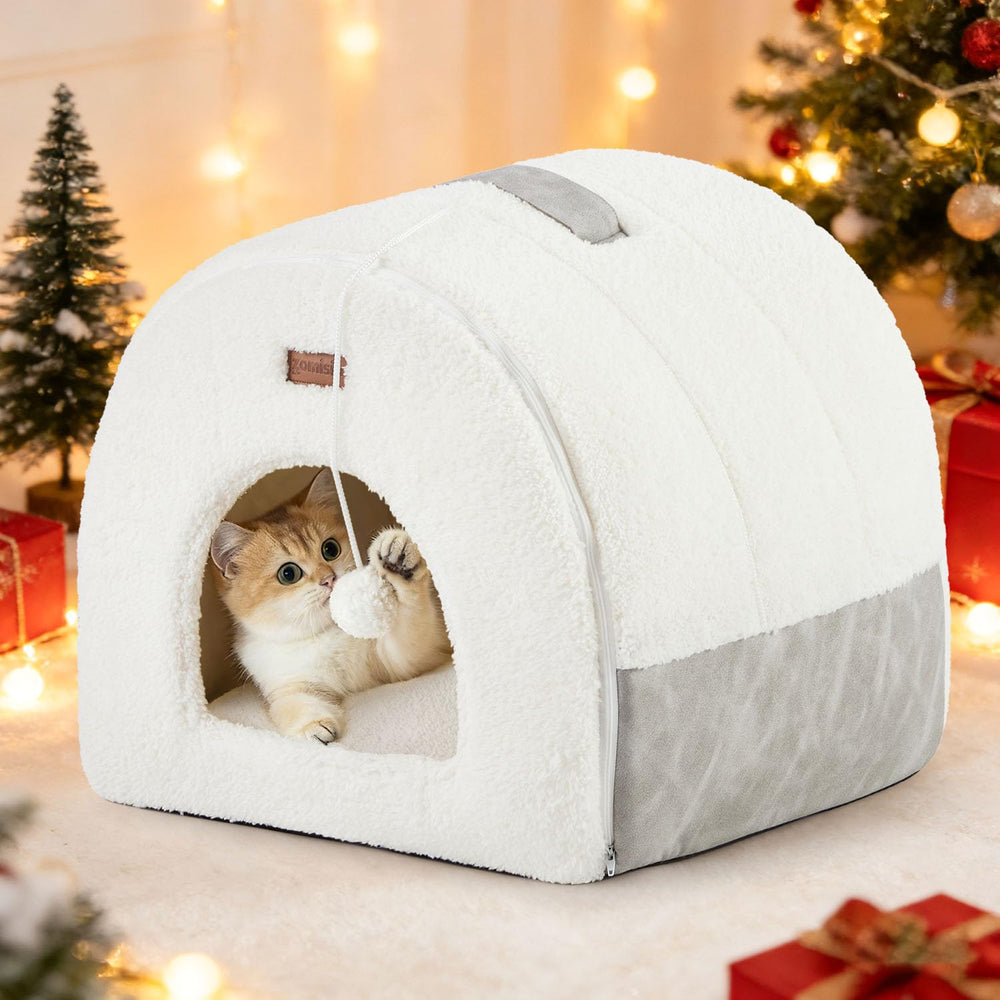 ZOMISIA cat bed cave side view shows secure hideaway for calming naps.