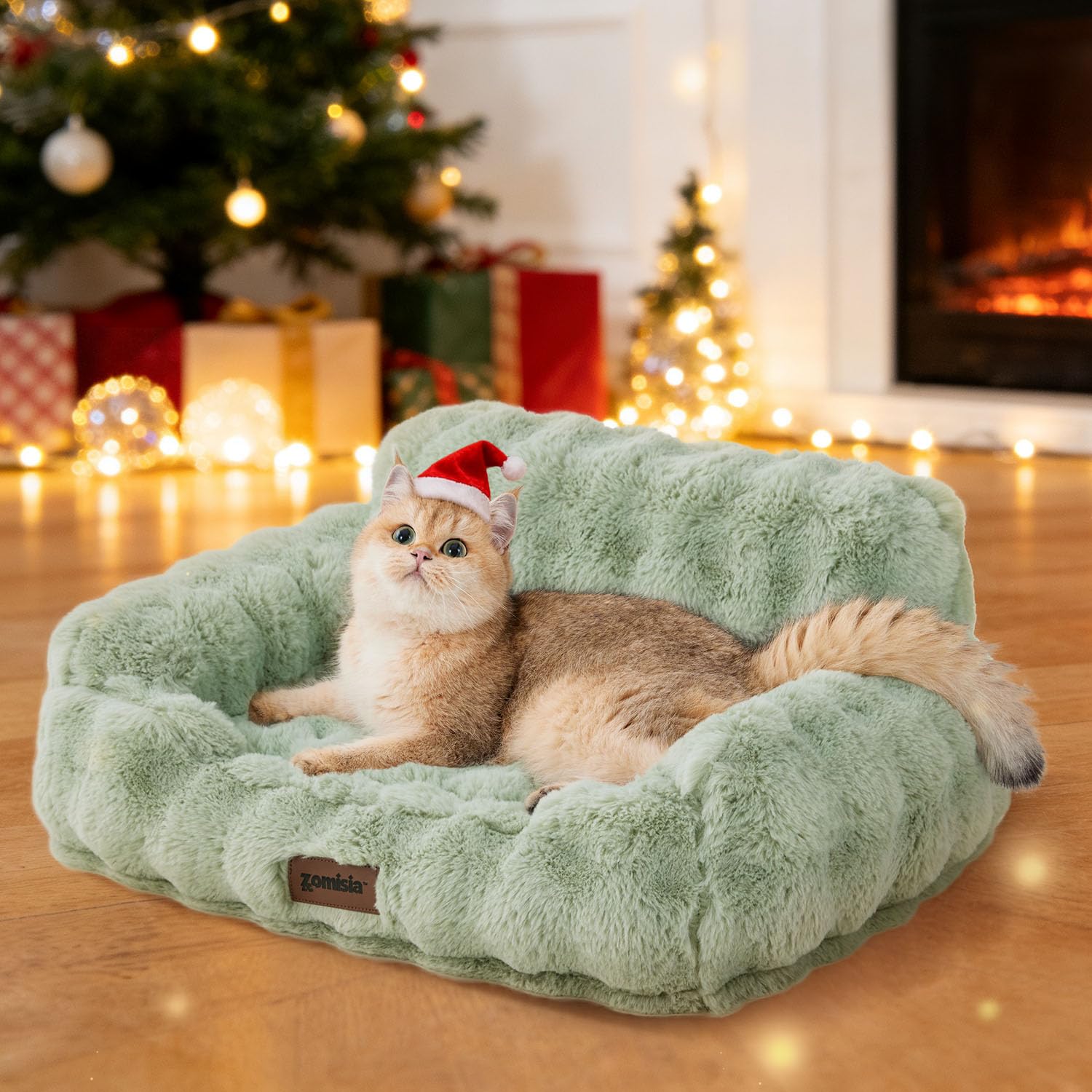 ZOMISIA cat couch bed sage-green front view highlights orthopedic support for restful indoor naps