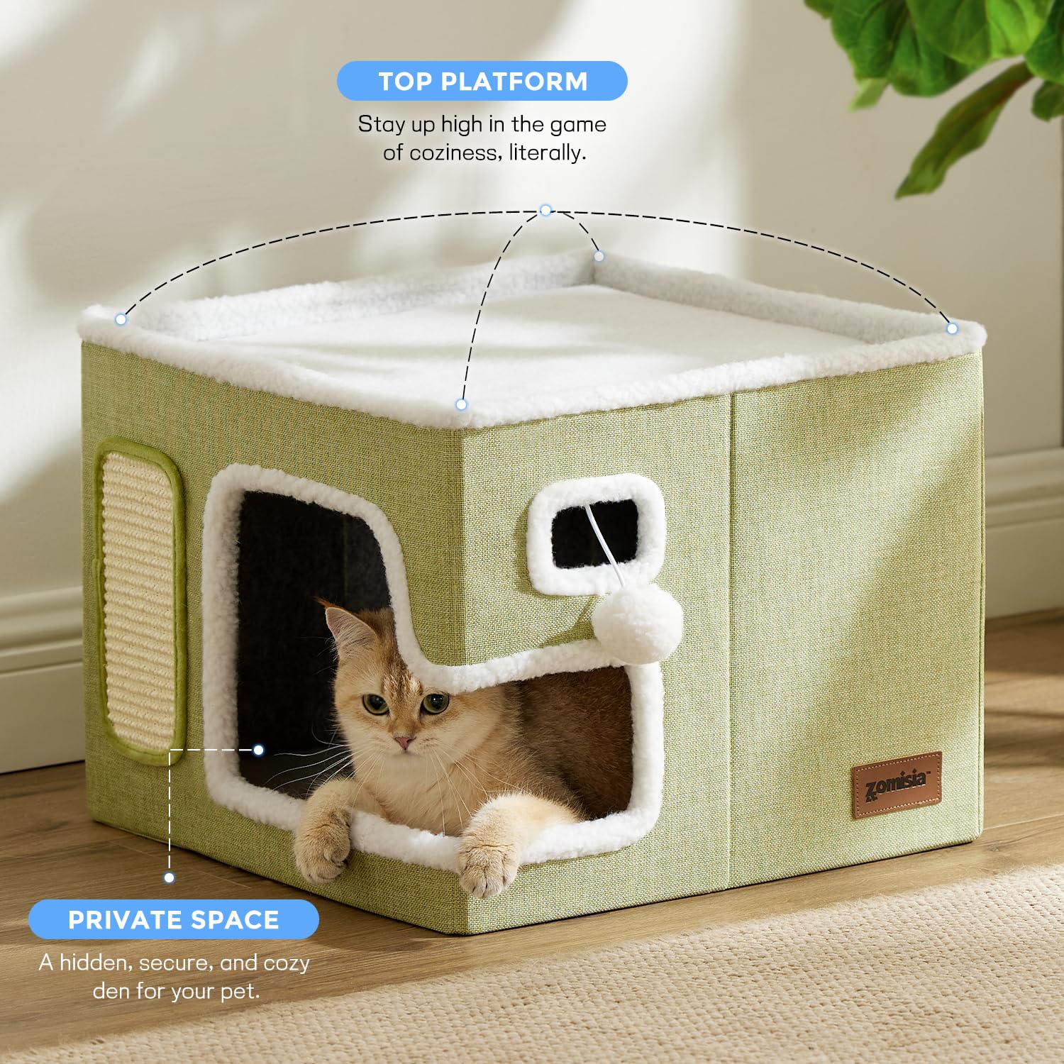 ZOMISIA spacious den measures 16.5x16.5x13 inches for cats of all sizes.