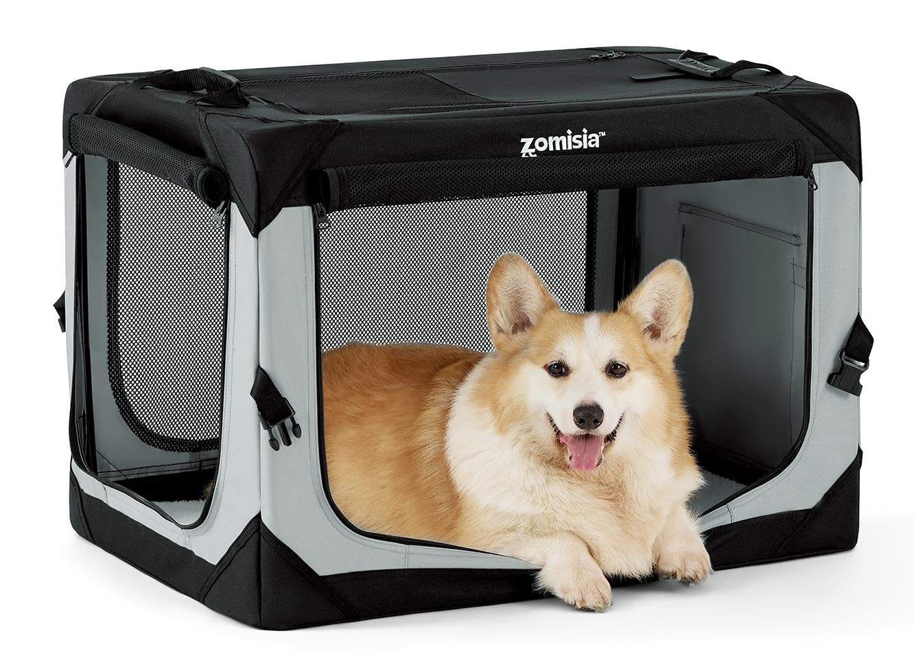 ZOMISIA collapsible dog crate 30inch grey for easy transport and quick setup.