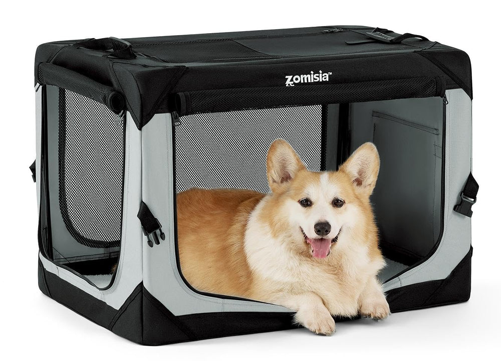 ZOMISIA collapsible dog crate 30inch grey for easy transport and quick setup.