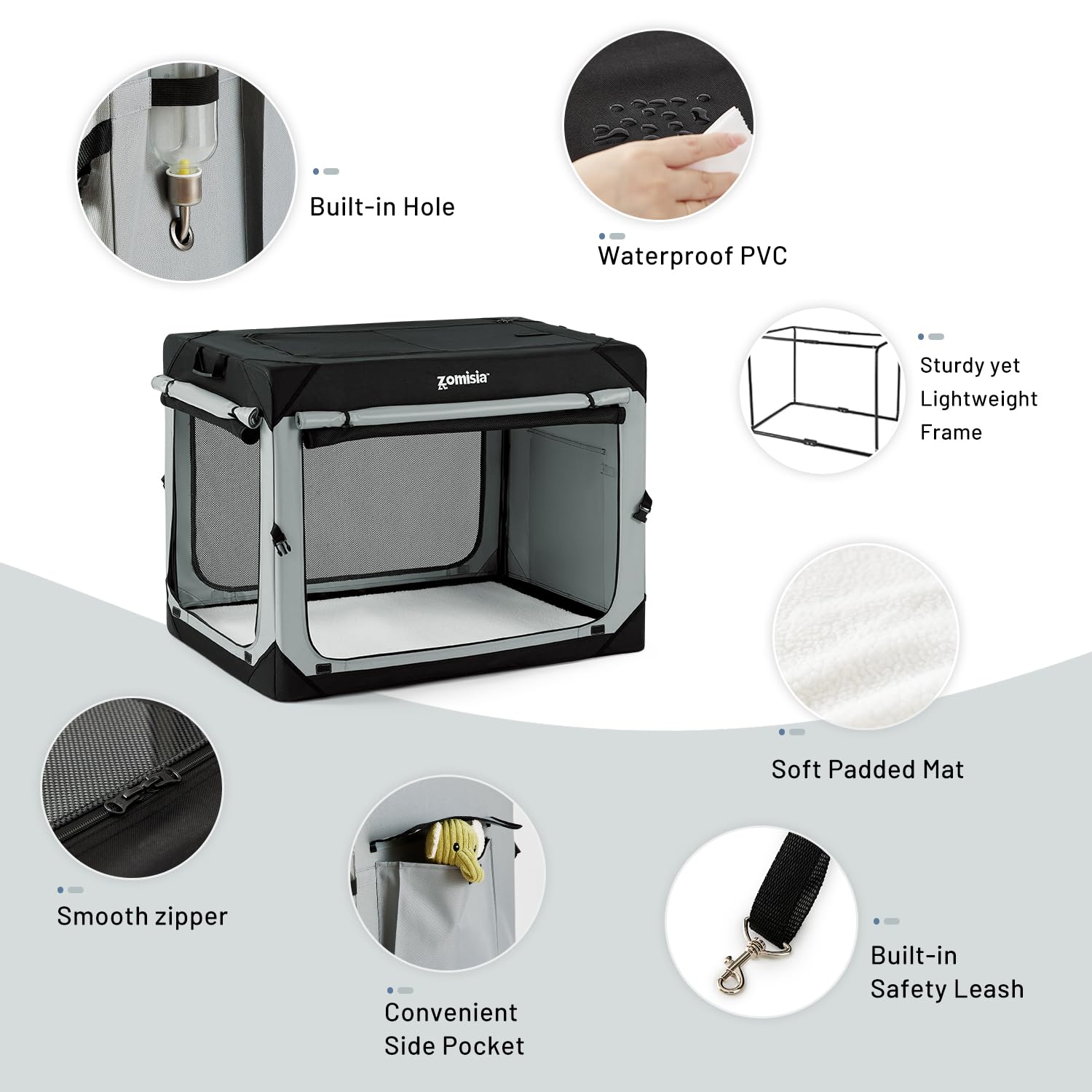 ZOMISIA collapsible dog crate oxford fabric durability signals tear resistance and easy cleaning.