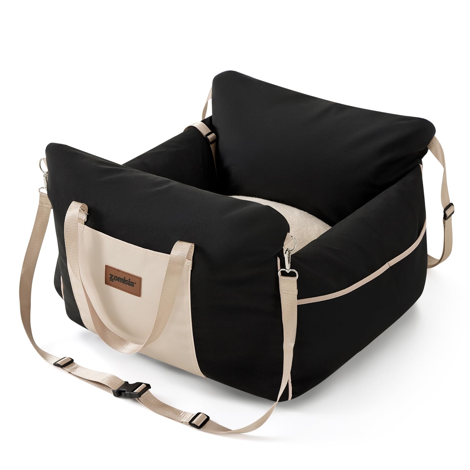 ZOMISIA dog car seat front view shows secure belt path for safer drives.