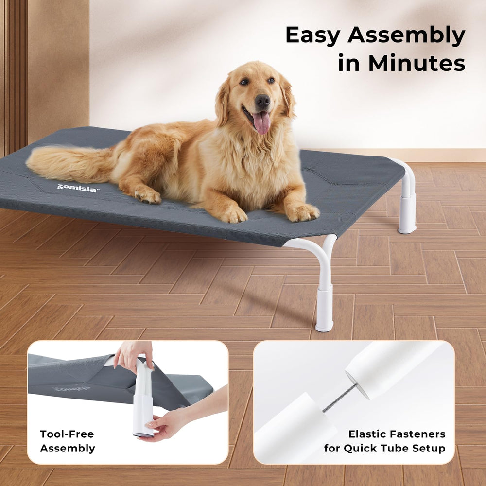 ZOMISIA elevated dog cot bed heavy-duty frame provides stability for large dogs.