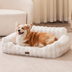 ZOMISIA dog couch bed ivory front view shows plush faux fur for cozy naps.