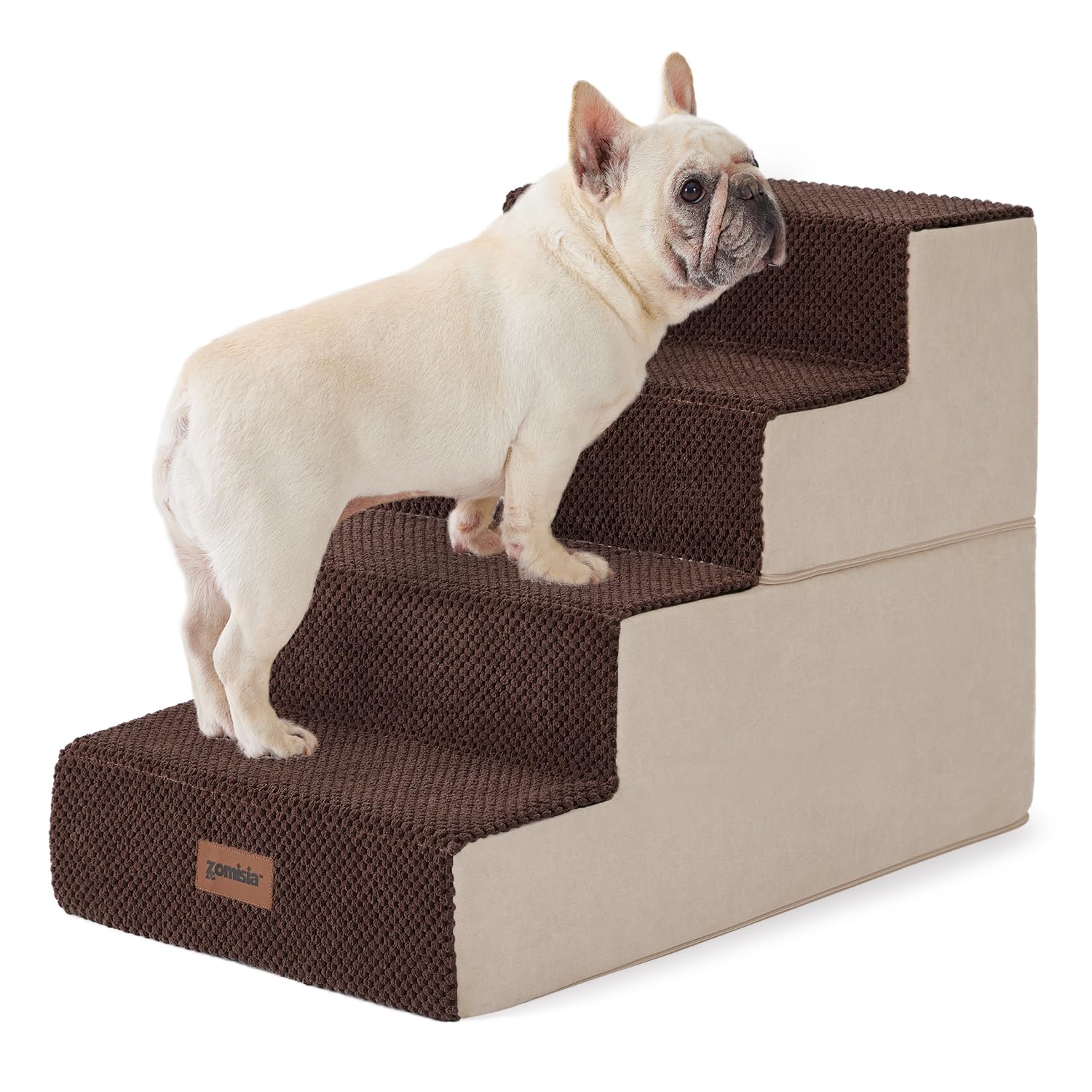 ZOMISIA dog stairs 4-step grey side view highlighting non-slip base for secure sofa access