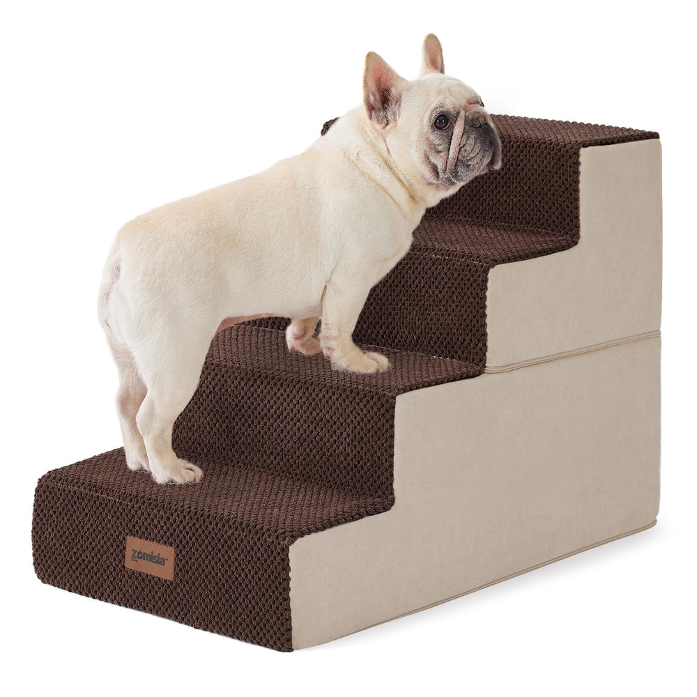 ZOMISIA dog stairs 4-step grey side view highlighting non-slip base for secure sofa access