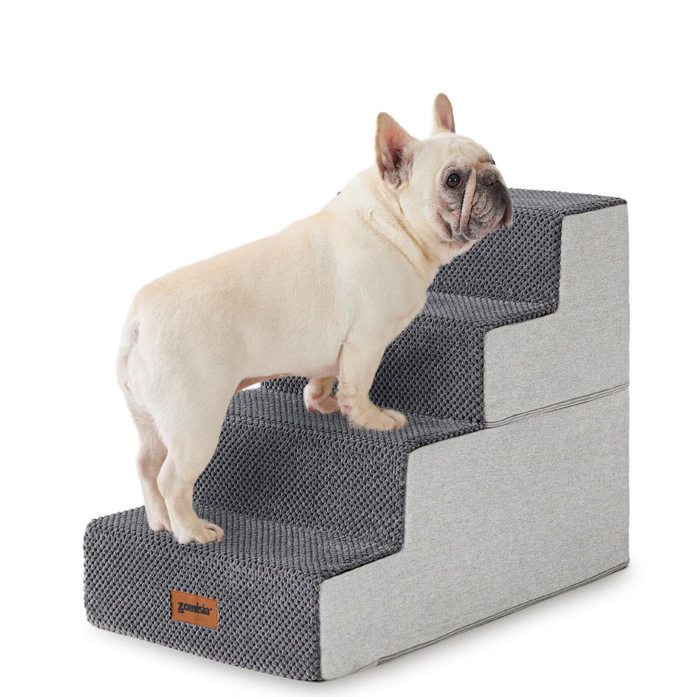 ZOMISIA dog stairs 4-steps side view grey for easy sofa access.